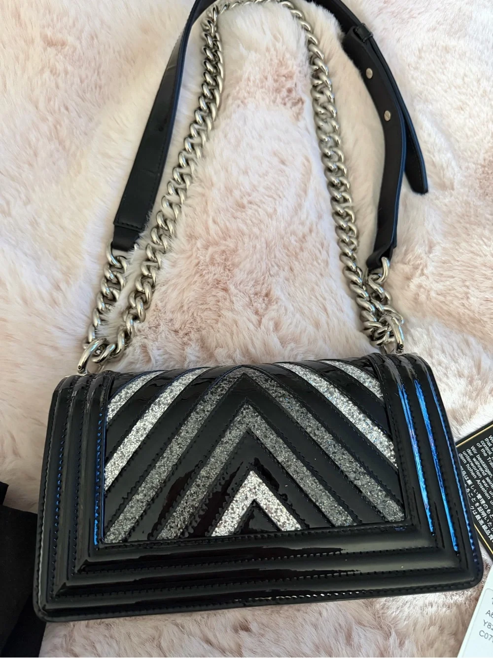 CHANEL Black & Silver Chevron Patent Glitter PVC Small Boy Bag Silver HDW